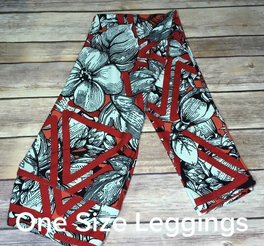 LuLaRoe Leggings One Size OS Large Tropical Flower On Coral Red Triangles NWT