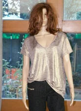 H&M Gold Slinky S/S Top V Neck M Cocktails Holiday 