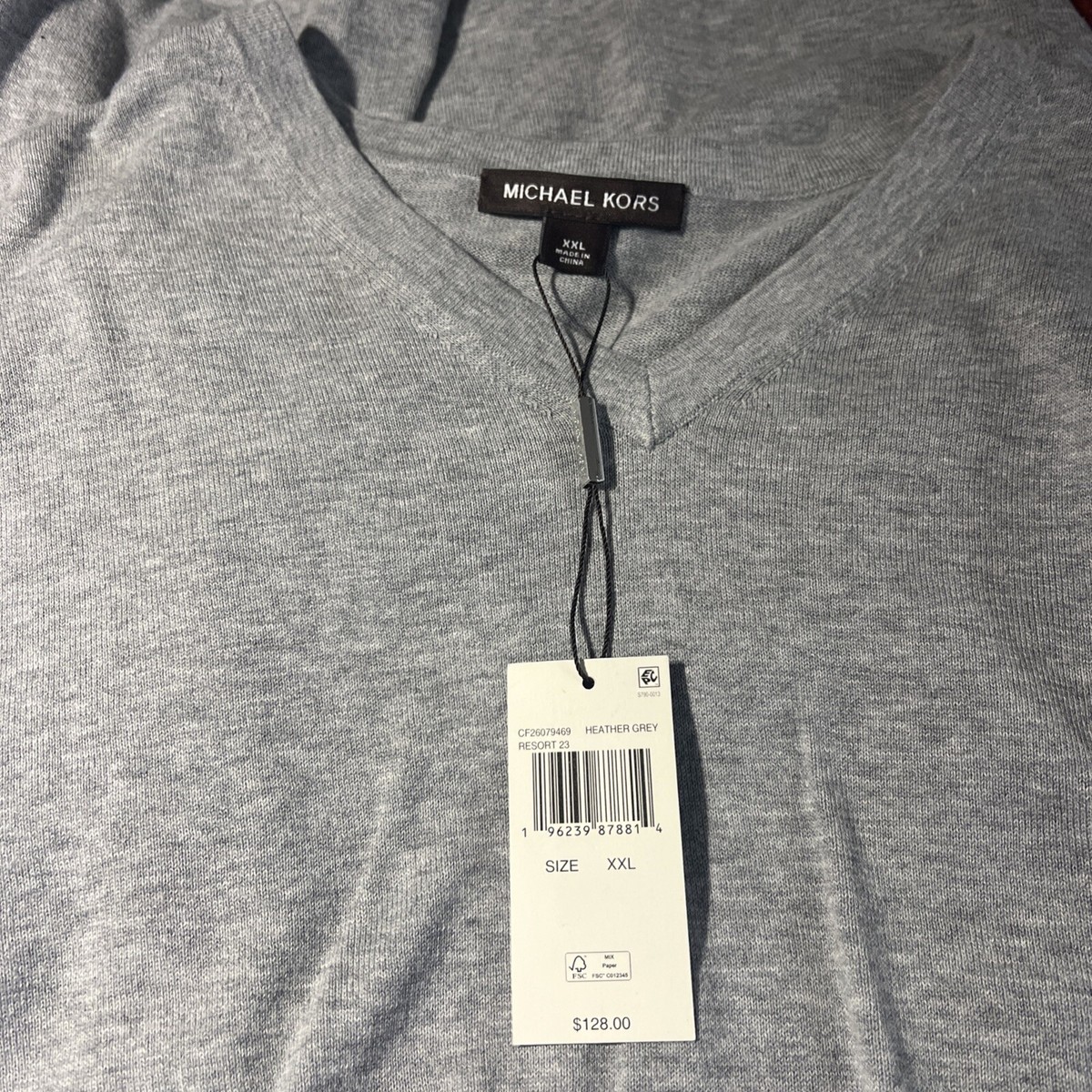 Michael Kors Men's Grey 2XL V-Neck Sweater Long Sleeve 100% Cotton