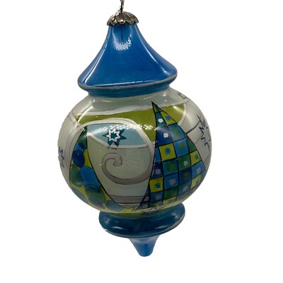Pier 1 Li Bien Blue Patchwork Christmas Tree Glass Ornament Lime 2006 Collector