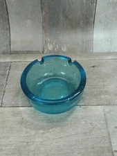 Vtg Blue 2 Slot Glass Ashtray Mid Century Modern 3.75" Diameter MCM Beautiful