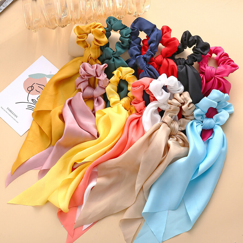 Solid Satin Ponytail Scarf Hair Rope Elastic Bow Scrunchies Ribbon Hairband Ties