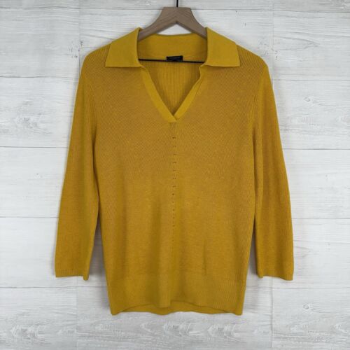 Talbots Johnny Collar Pullover Sweater Women L Petite Yellow V Neck 3/4 Sleeves