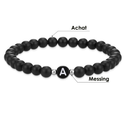 Eastside Bracciale Dell'Amicizia Unisex In Agata Nera | Con Perla Lettera Z E Palline In Ottone | Chiusura Elastica, Lunghezza 19 Cm