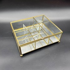 Vintage Glass Mirrored Jewelry Box Brass Etched Floral Mexico Storage Vanity