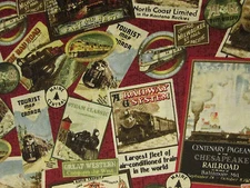 Vintage Train Posters Deep Red Blue Cotton Fabric FQ