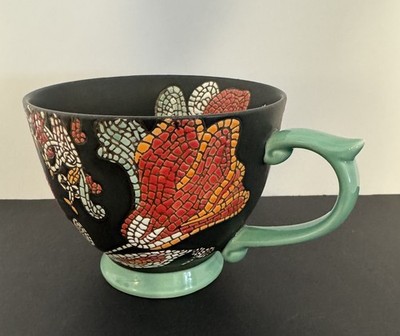 World Market Multicolor Floral Mosaic Black Ceramic 14oz Coffee Tea Mug