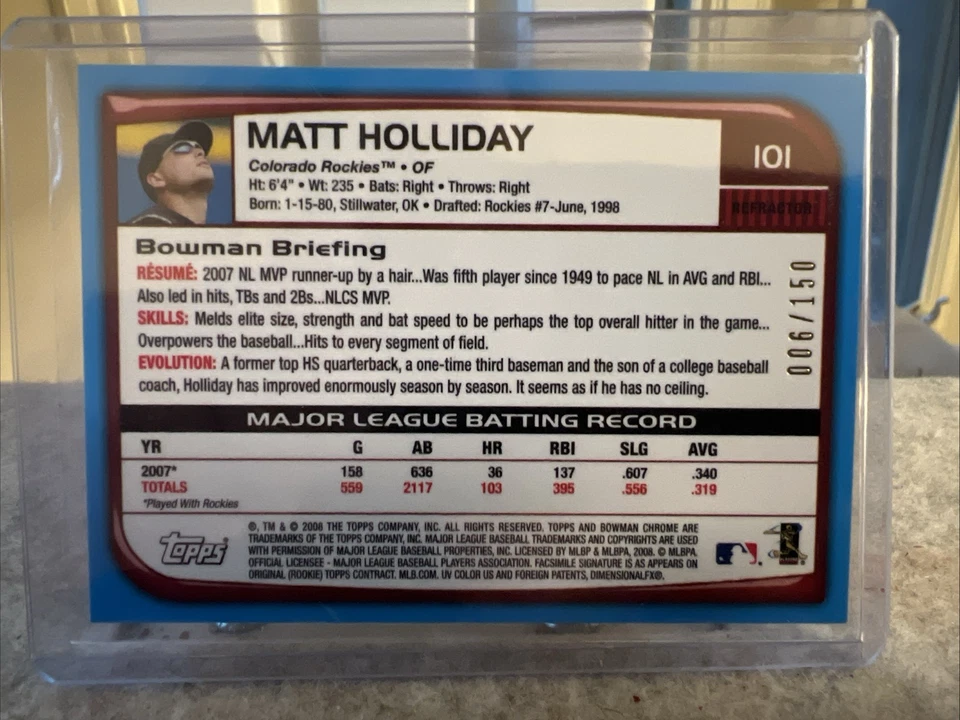 2008 Bowman #101 Matt Holliday - FASI AUTO - 006/150 - Image 2 of 4