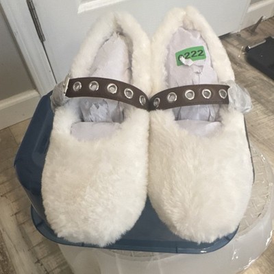 White Faux Fur Mule Slippers with Grommet Strap Closed Toe for Women