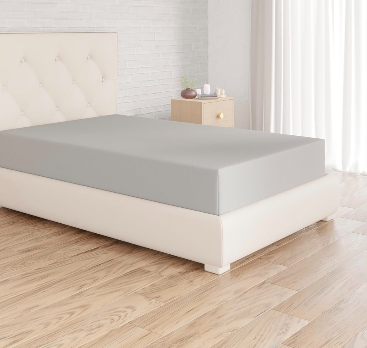 Drap-housse gris 90x190 cm 100% coton 98 fils grand bonnet anti-glisse pour matelas épais