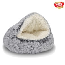 Cat Bed Round Plush Fluffy Hooded Cat Bed Cave, Cozy for Indoor Cats or Small...
