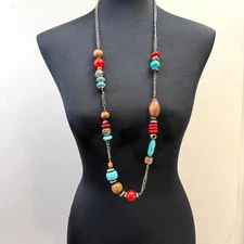 Long Boho Wood Beaded Necklace Acrylic Turquoise Accents Fashion Jewelry 19 in L