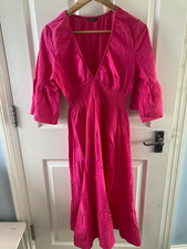 Roman Pink A-Line V-Neck Smocked Midi Dress 3/4 Bell Sleeve UK 12