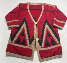 Vintage Womens M 100 Wool Cardigan Sweater Aztec Southwestern Red Tribal