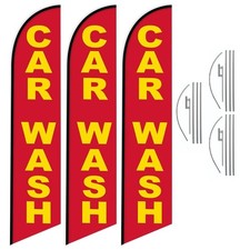 Pack of 3 - CAR WASH Red/Yellow Full Sleeve Swooper Feather Flags with Pole...