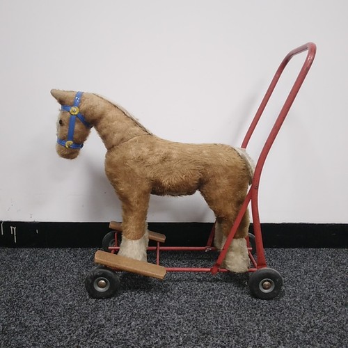 Vintage Pedigree Push Along auf Rädern Stahl gerahmt Mohair Miniatur Pferd - 24"