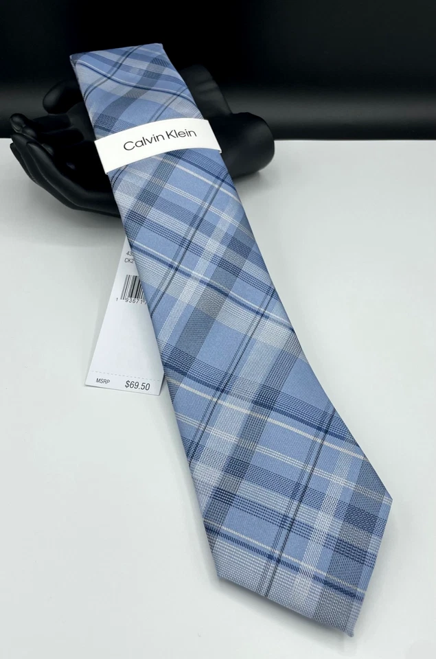 Corbata de mezcla de seda para hombre Calvin Klein ~ azul claro ~ cuadros ~ NUEVA PRECIO DE VENTA SUGERIDO POR EL FABRICANTE: $69,50 Foto 2 de 3