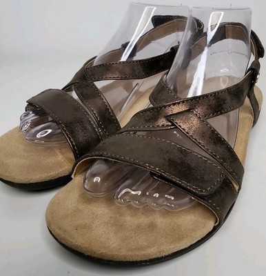 Spenco Sandals Wms Sz 8 Strappy Gold Leather Hook & Loop Casual Open Toe Flats
