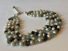 Japan 4 Strand Faux Pearl Choker Necklace Aqua Blue Glass Bead Mid Century
