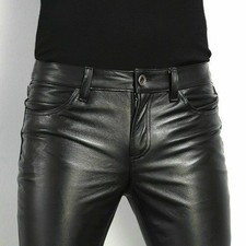 Men's Tight Leather Pants 80s Punk Rock Skinny Motorcycle Gothic Biker Trouser  