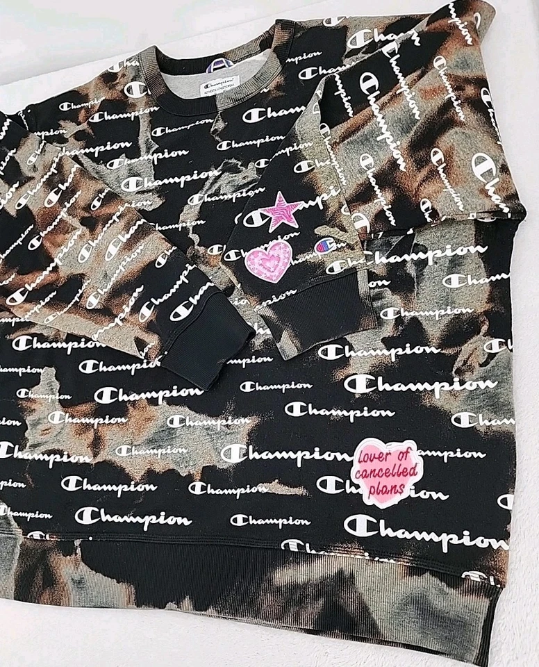 Pulôver moletom masculino 3XL com logotipo campeão branqueado upcycled rosa patches - Imagem 3 de 4