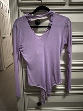 Women  s Bebe Light Purple Mesh Sheer Bodysuit V Neck Size Medium