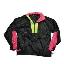 Vintage Columbia Jacket Womens Large Black Neon Nylon Windbreaker Colorblock 90s