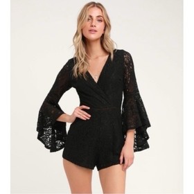 Lulus Black Lace Romper SMALL Ruffled Bell Sleeve Cutout Back Romantic Whimsgoth