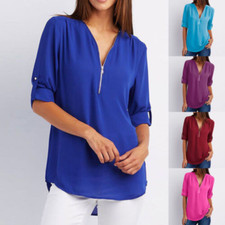 Womens Zipper V Neck Chiffon Tunic Tops Ladies Summer Casual T-Shirt Blouse G ~