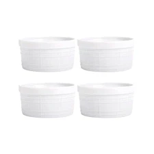 Porcelain Ramekin Bowls 4 pc Set White 4" Grid design 4oz dessert Fiddle + Fern