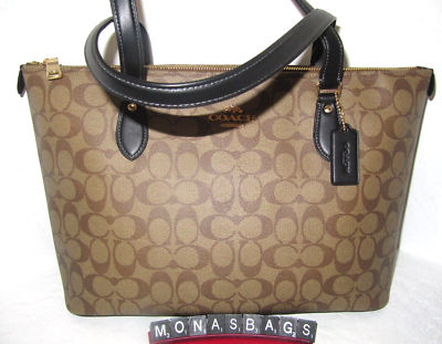 Coach New CS187 Khaki Signature Black Leather Gallery Tote