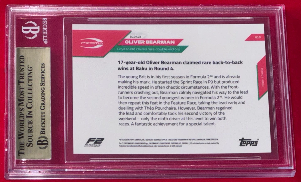 Oliver “Ollie” Bearman F1 Ferrari 2023 Topps Now #13 Rookie Card BGS 10 (RC) - Image 2 of 4