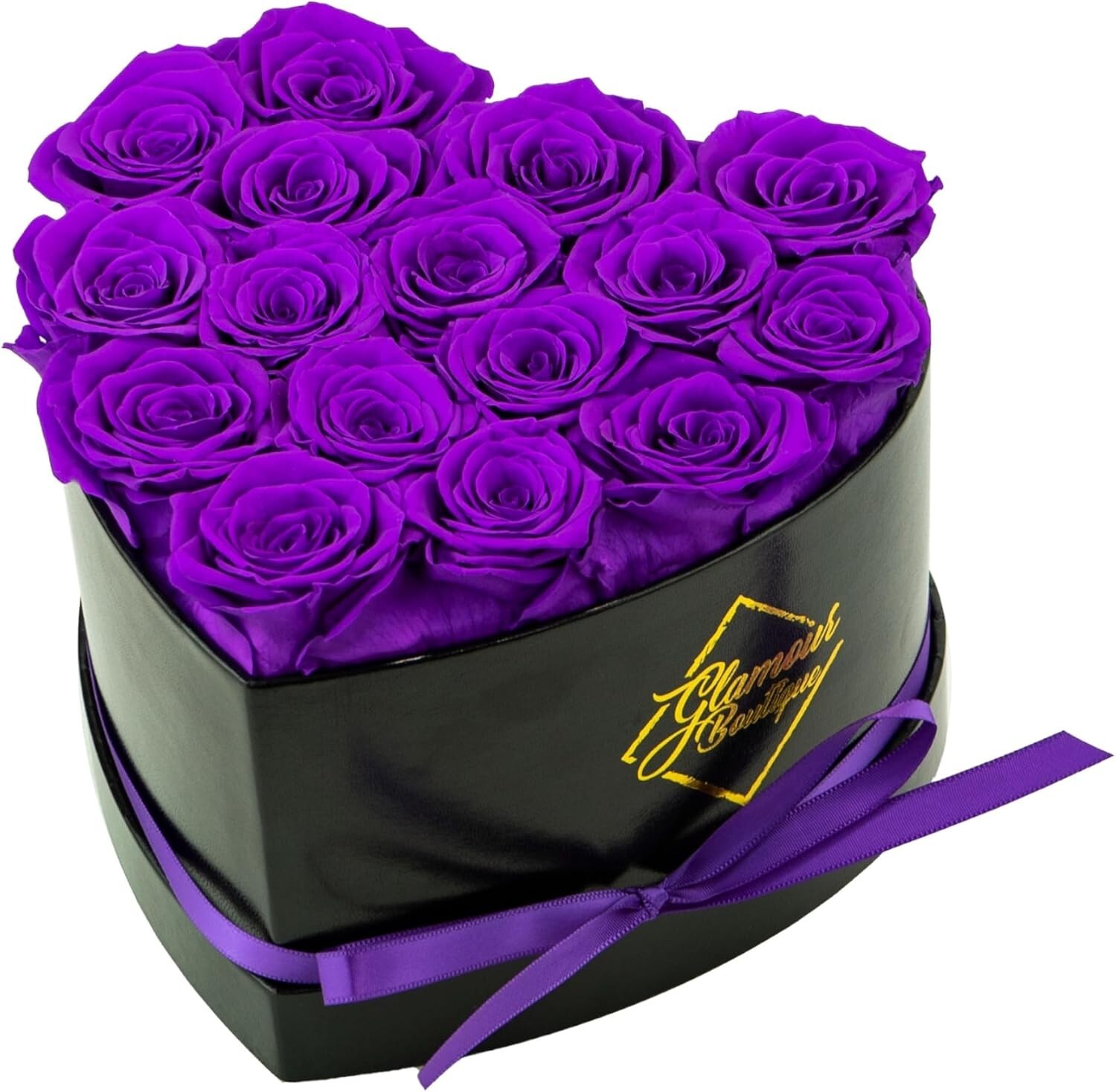 Gorgeous Heart-Shaped Box of 16 Purple Eternal Roses - No Maintenance Required