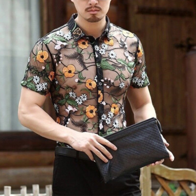 Men Velvet Dress Shirts Tops Embroidered See Through Sheer Clear Blouse  Casual