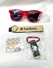 Four Roses Logo Red  Sunglasses, Magnetic Lapel Pin, Compass & Keychain Lot