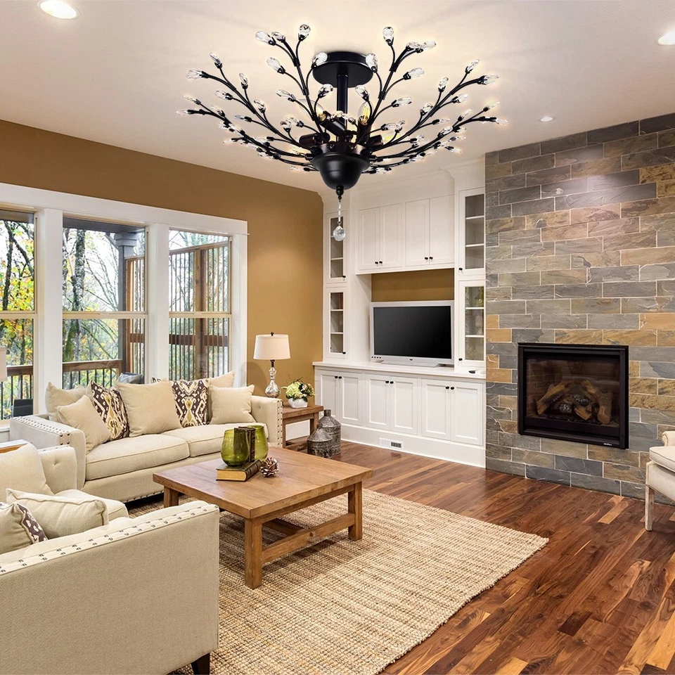 复古 31 英寸黑色花朵水晶吊灯半冲洗天花板灯具 5 灯 — 第 3/4 张图片