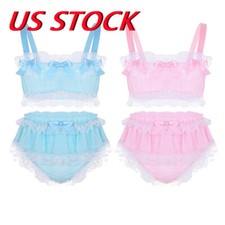 Men Sissy Crossdress Lingerie Bikini Set Crop Tops Skirted Panties Underwear
