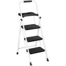 3 Step Ladder with Tool Platform Folding Step Stool with Anti-Slip Pedal White