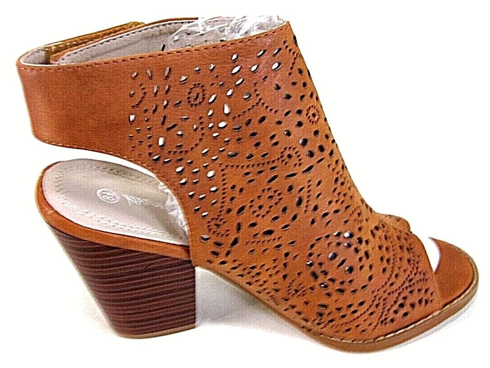 Nature Breeze Womens Laser Cut Open Toe Heels Tan Pu, US Size 8.5 M - Image 3 of 4