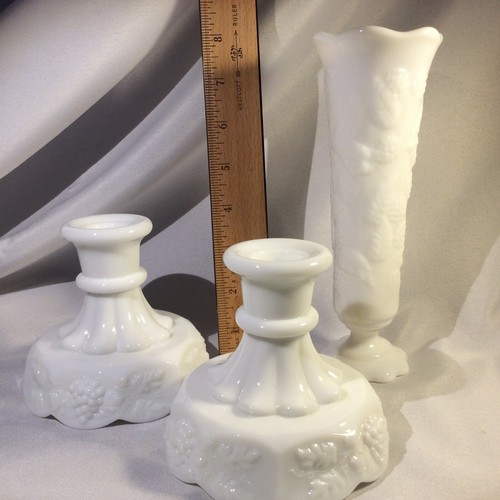 Pair Of White Milk Glass Westmoreland Candle Stick Holders And Vase Set Of 3 - Picture 5 of 5