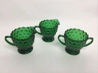 Vintage Anchor Hocking Glass BUBBLE Forest Green Cream (2) & Sugar Bowl Set