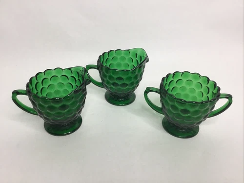 Vintage Anchor Hocking Glass BUBBLE Forest Green Cream (2) & Sugar Bowl Set