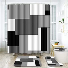 Geometric Gray Bathroom Set with Shower Curtain and Rugs Accessories Black an...
