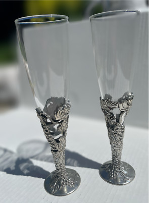 2x Seagull Pewter Canada 1991 Hand Blown Glass Grapevine Cava/Champagne Flute