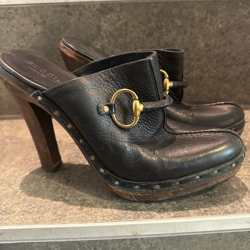 Gucci Women's Black Leather Mule Slip-On Closed Toe Block Heel Buckle US 6