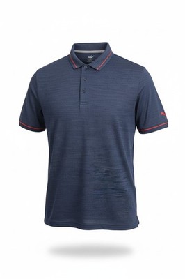 PUMA Navy & Red Polo Shirt Men s XL Short Sleeve Button Logo Knit Collared