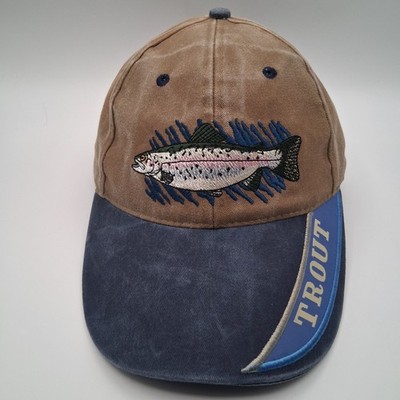 Rainbow Trout Hat Fishing Cap Strap Back Stonewashed Beige Blue Big Fish Logo