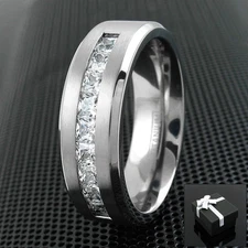 Titanium Men's 1.8 Carat Princess Cut CZ Brushed Center Wedding Band Ring