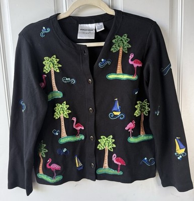 Michael Simon Cardigan Medium Black Beaded Palm Tree Flamingo Sailboat Coastal