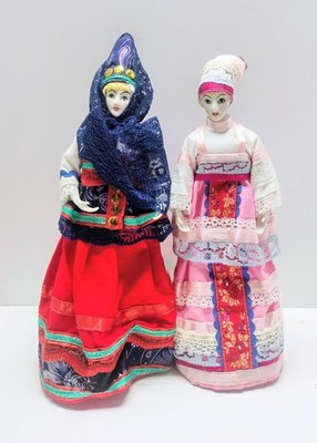 2 Russian Cone Dolls Handmade Folk Art Painted Porcelain Face Moscow Maiden
